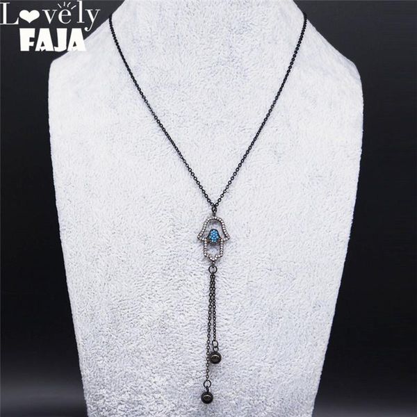 

pendant necklaces 2021 islam hamsa hand zircon copper stainless steel necklace for women black layered tassel jewelry chaine nc48s03, Silver