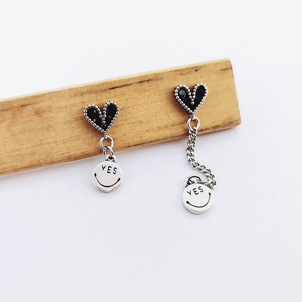 

korean s925 pure silver earrings women's fashion personality diamond love asymmetric smile face silver earrings, Black