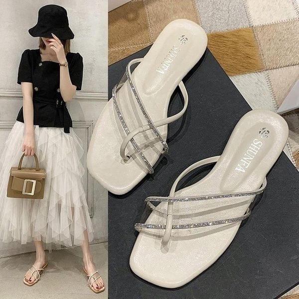 

slippers 2021 summer korean edition fashion versatile drill clip foot web celebrity wearing flip-flops shoes women, Black