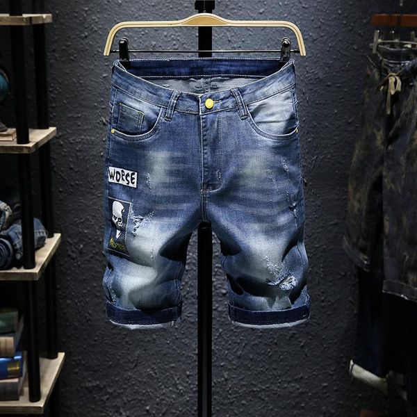 

men's jeans summer light blue perforated denim shorts fashion printed pants capris