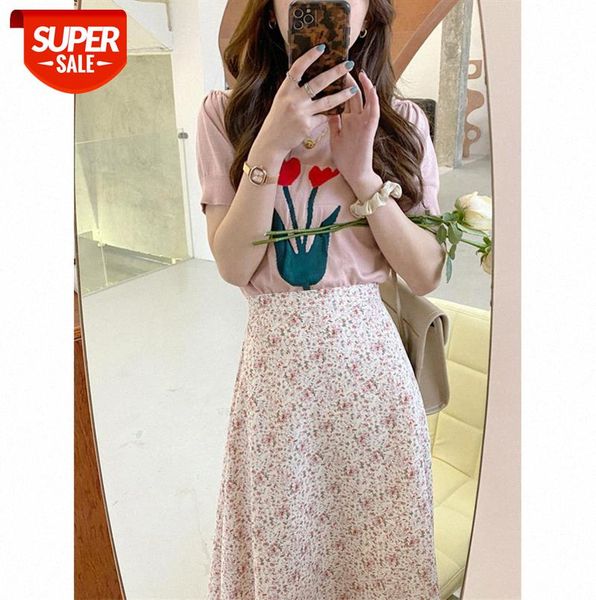 

korean temperament, gentle, fresh and cute short-sleeved shirt, fashionable flower knitted t-shirt casual women #cs4a, Black;gray