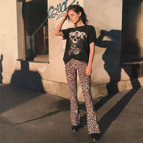 

women's pants & capris 2021 autumn arrival harajuku punk leopard wide leg women high waist long trousers flare, Black;white
