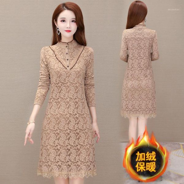 

casual dresses lace dress women long sleeve vintage elegant office thick fur inside female winter one-piece outerwear, Black;gray