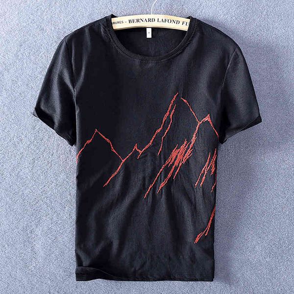 

men's t-shirts embroidered short sleeve summer linen shirt brand fashion t-shirt casual o-neck breathable t shirts for men camisa iz43, White;black