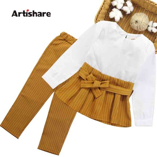 

girls clothes striped shirt + pants 2pcs girl clothing set autumn winter children's school clothes 6 8 10 12 13 14 year 210914, White