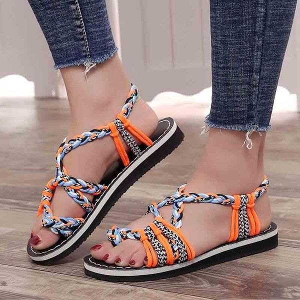 

summer sandals women shoes braided rope bohemia gladiator sandalias slip on flat flip flops beach plus size 35-44, Black