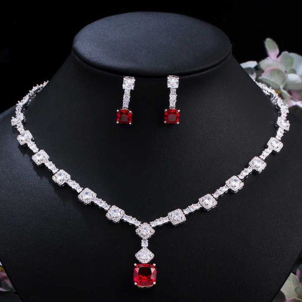 

cwwzircons chic round and square cut red cubic zirconia women wedding party jewelry set elegant necklace earring for brides t454 h1022, Silver