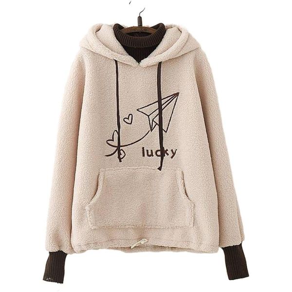 

women's hoodies & sweatshirts arrival japan style harajuku embroidery hooded lamb wool 2021 winter girl cute plush fleece thick pullove, Black