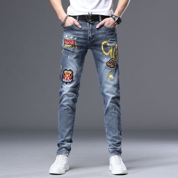 

smoky grey slim fit jeans mens wear european fashion personalized printing youth elastic mens leg pants, Blue