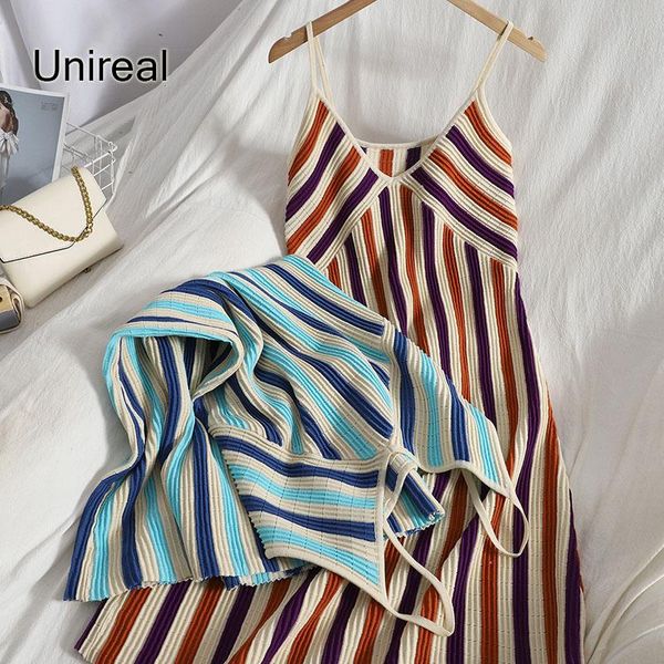 

casual dresses unireal 2021 summer women knitted dress spaghetti strap backless sleeveless striped midi, Black;gray
