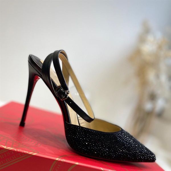 

dress shoes style super-high heels pointed toe women's pumps genuine leather diamond vamp slingbacks ankle strap evening, Black