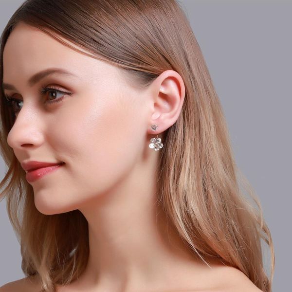

five petals flower crystal dangle earrings korean women floral stud earring copper european circle gold dress ear drop jewelry accessories, Silver