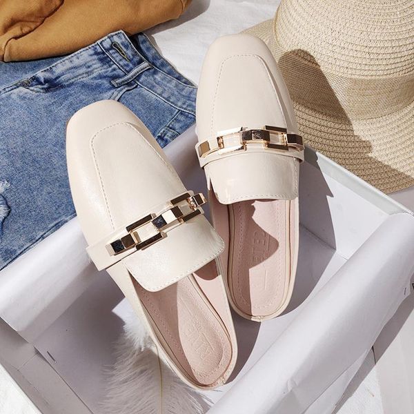 

slippers women's outdoor flat muller fashion sandals 2021 leather shoes, Black