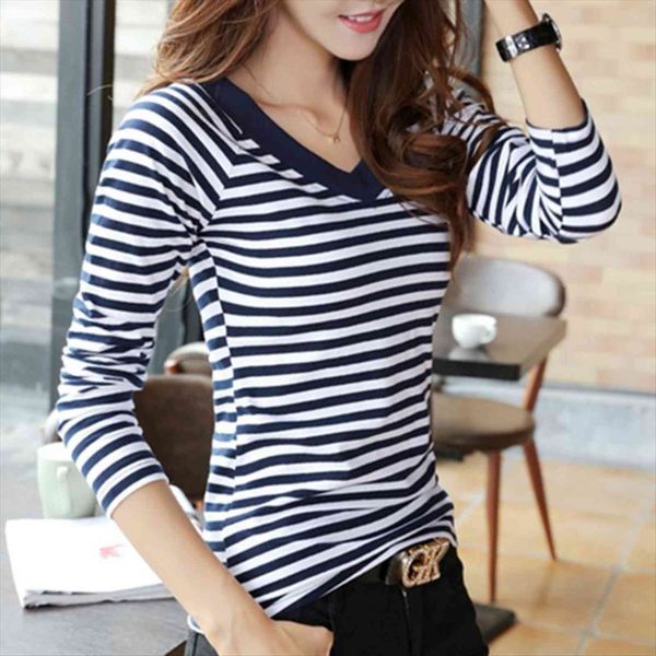 

four seasons long sleeve striped women t shirt tee fashion femme, White