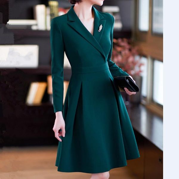 

casual dresses elegant blazer dress women spring autumn fall long sleeve v neck slim a line midi office ladies work formal wear clothes, Black;gray