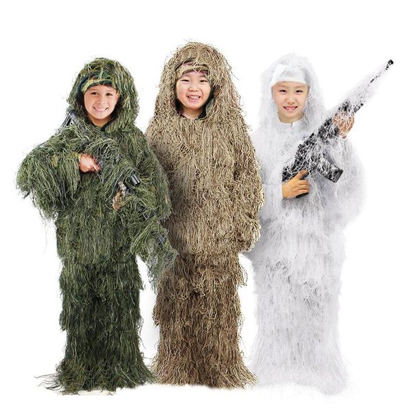 

hunting sets 5pcs kids ghillie suits child camouflage tactical army jungle military suit pants hats holsters storage bags, Camo