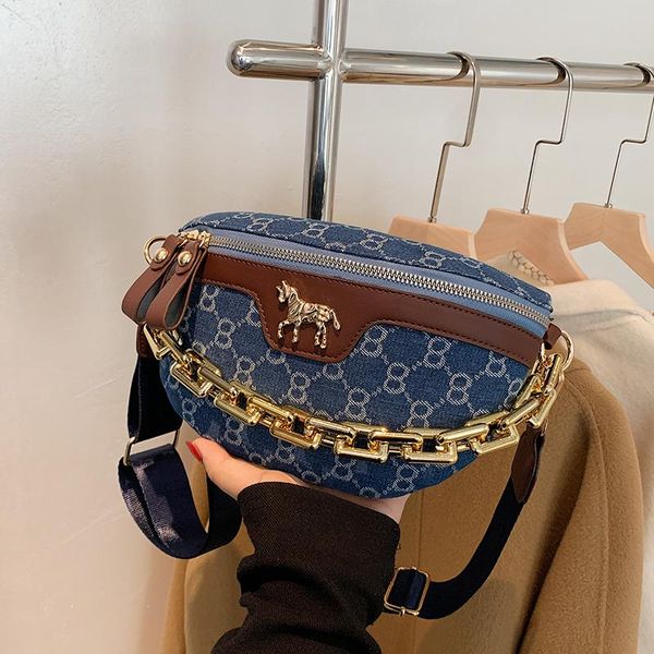

waist bags 2021 spring and autumn blue canvas women fanny pack bag thick chain shoulder crossbody chest belt handbag