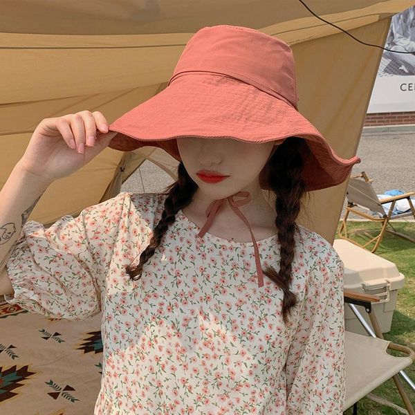 

wide brim hats summer women's beach sun protection big outdoor ladies uv bucket hat foldable sunhat fisherman, Blue;gray