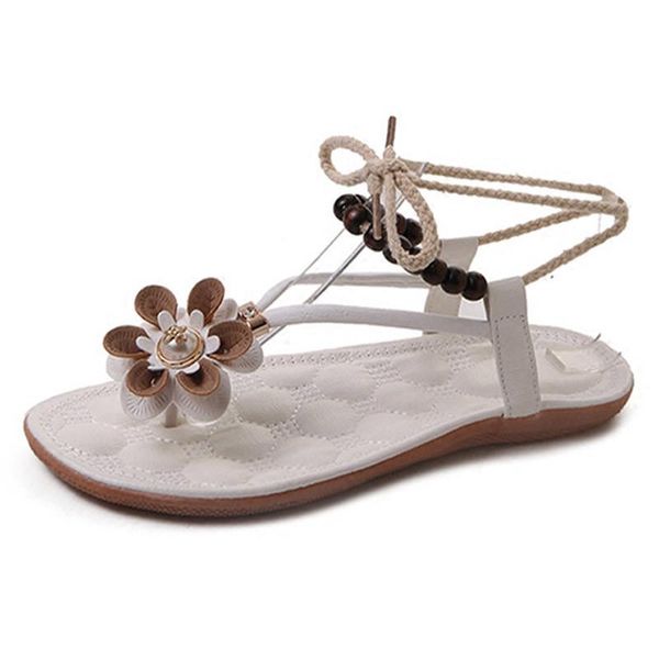 

beaded bandage women flat sandals ladies 2021 summer casual shoes sweet flowers beach flip-flops mujer xkd4042, Black