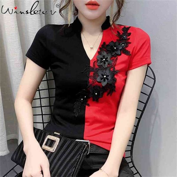 Frauen T-Shirts Kurzarm Mandarin Kragen T-Shirts Sommer Chinesische Blumen Embriodery Design für Dame T03606B 210421