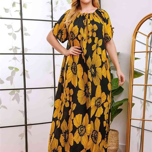 

vintage fashion floral print maxi dresse summer plus size casual o-neck short sleeve elegant retro robe femme 210623, Black;gray