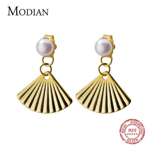 

fashion real 925 sterling silver jewelry pearl dangle earrings for women pattern sector gold color cute girl gifts 210707