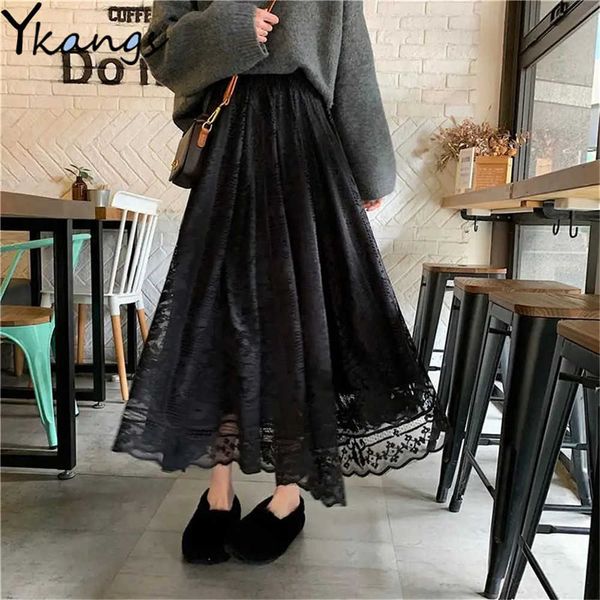 Schwarz Weiß Spitze Langer Rock Frauen Mode Koreanische Niedliche Elegante Büro A-Linie Faltenrock Weibliche Dame Einfache Vintage Maxi Röcke 210619