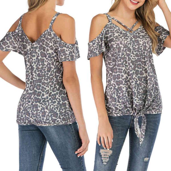 

plus size s-3xl11 shoulder cross strappy neck elegant blouses women's summer short sleeve front knot hem shirts leoprad print cold, White