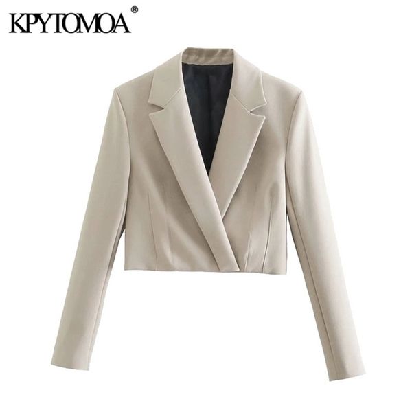 

kpytomoa women fashion crossover cropped blazer coat vintage long sleeve slits cuffs female outerwear chic veste femme 211022, White;black