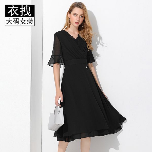 

Plus size Dresses T-stage Fashion Show Fat Sister Slim 5-point Lotus Sleeve V-ne Medium Length Chiffon Summer, Black