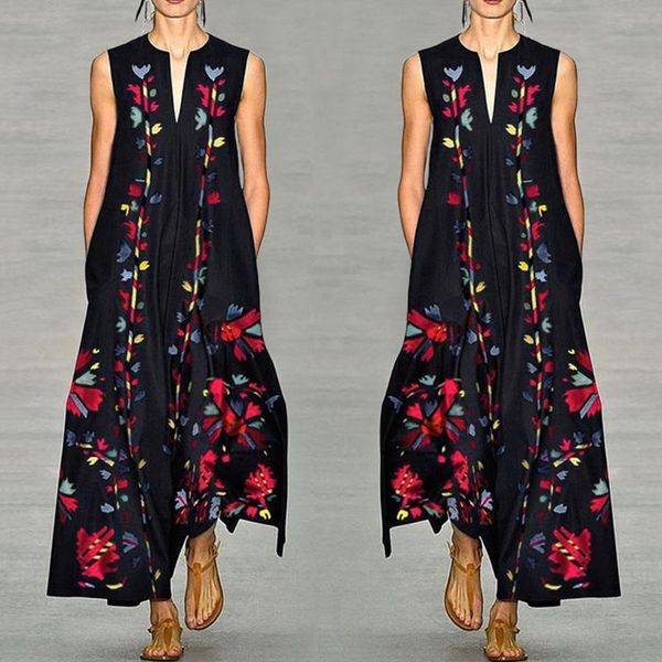 

casual dresses 2021 summer maxi floral dress women long party ladies loose floor length female v neck boho for, Black;gray