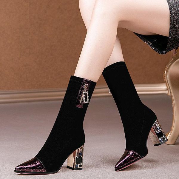 

dress shoes pointed fashion high heel short boots women's middle tube rhinestone thick elastic thin socks 2021 autumn, Black