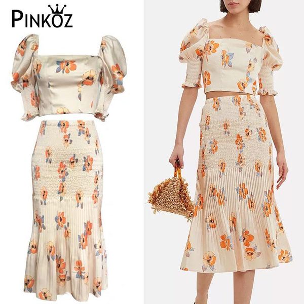

two piece dress pinkoz 2021 spring fashion floral print woman 2 skirts sets puff short sleeve high waist pleated, White