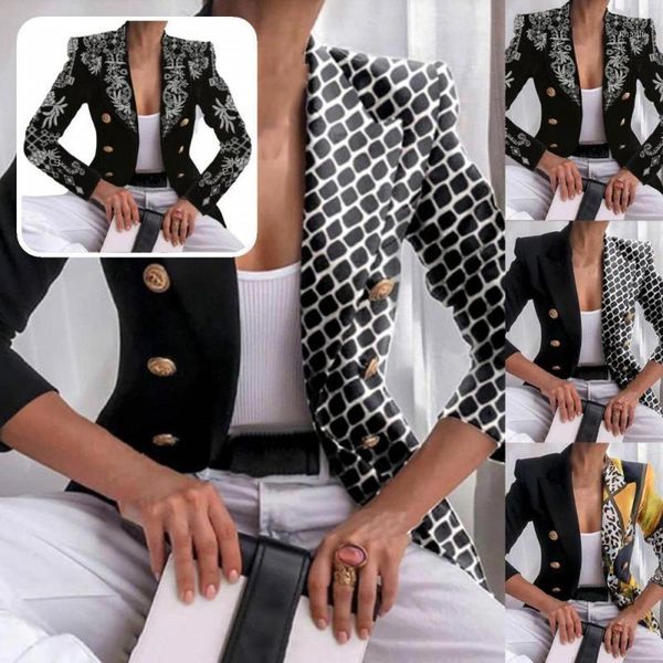 

women's suits & blazers coat geometry print short lapel double breasted turndown collar blazer, White;black