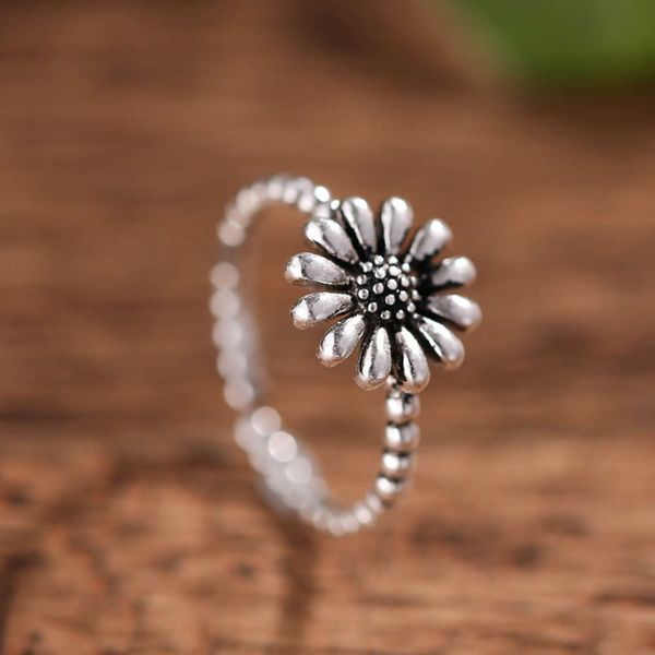 

s925 opening sunflower female flower ring sterling silver jewelry, Black