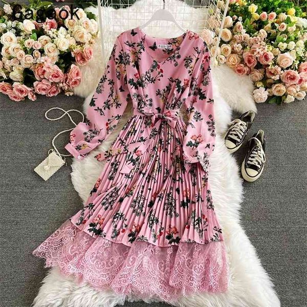 

dresses women spring autumn vintage floral print v-neck pleated korean chic fashion wild vestidos mujer 210531, Black;gray