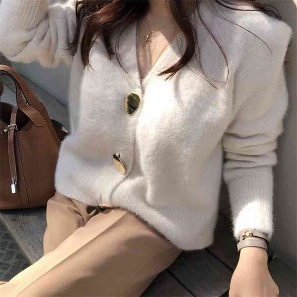 Cardigan bianco puro maglione da donna inverno chic scollo a V manica lunga cappotto in mohair maglione casual maglia poncho monopetto 210601