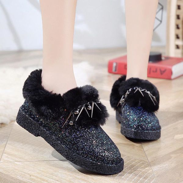 

women winter warm boots antiskid outsole lady snow shiny brand fashion style metal decoration easy wear hairy ankle, Black