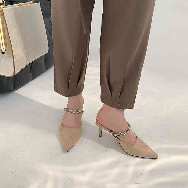 

slippers 2021 arrivals pointed toe suede shallow thin high heels slip on mules flock rhinestone hollow design casual pumps size 35, Black