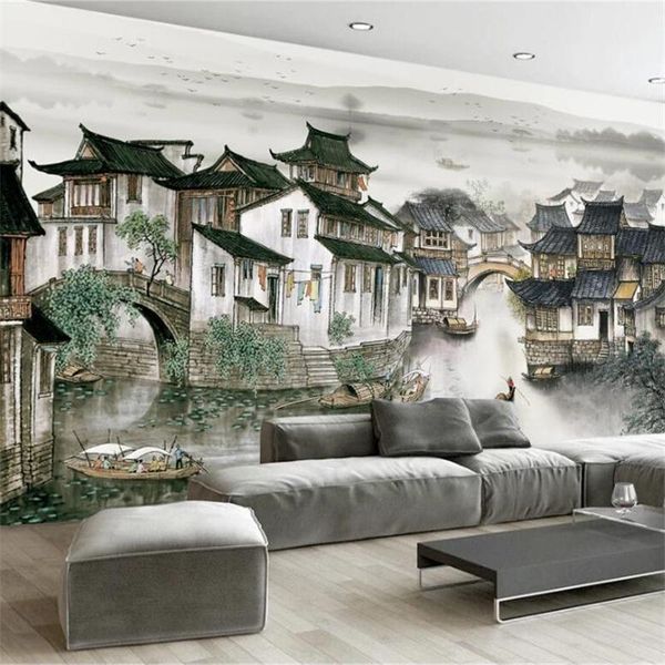 

wallpapers drop custom wallpaper po mural ink painting jiangnan water town tv background wall decorative 3d