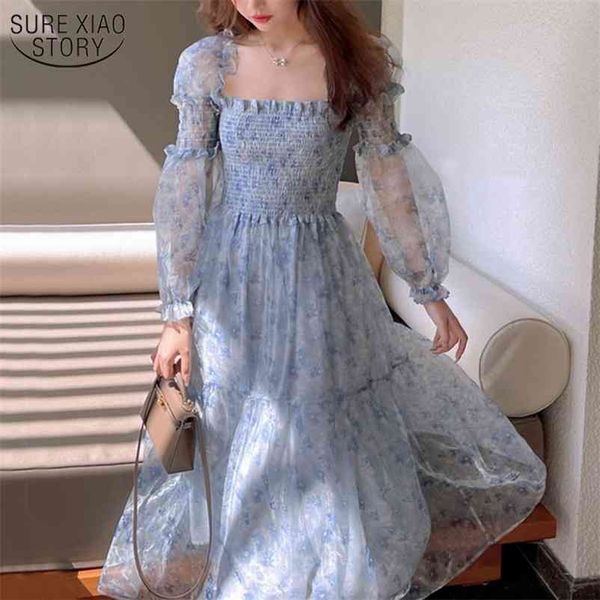 

summer lace elegant midi drespuff sleeve square collar boho beach floral female party korean 14514 210508, Black;gray