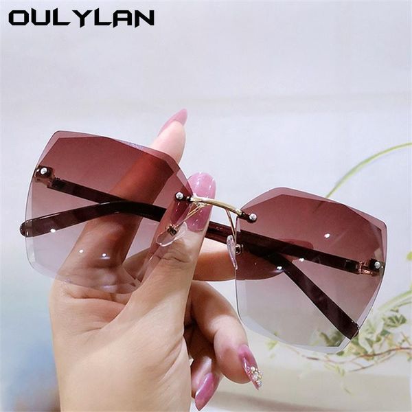 

sunglasses oulylan women's rimless 2021 fashion gradient sun glasses ladies polygon trimming retro eyewear tea blue shades uv400, White;black