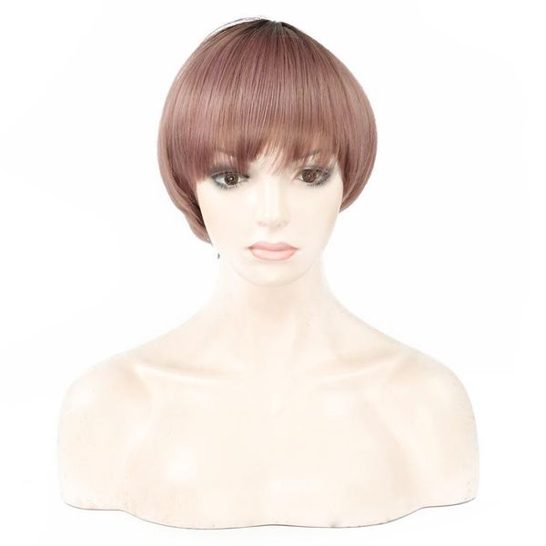 

synthetic wigs ombre brown pixie cut wig short straight with bangs for women natural heat resistant fiber cosplay false hair, Black