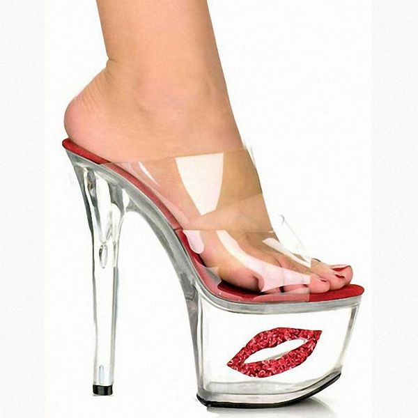 

slippers summer style  inches crystal rransparent sequins red lips trend fetish 17cm thick platform pole dancing stage, Black
