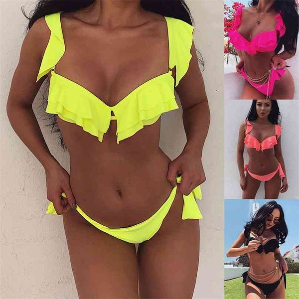 Duas peças swimwear mulheres biquini amarelo swimsuit sólido sólido plissado biquini tropical praia desgaste verão terno 210625