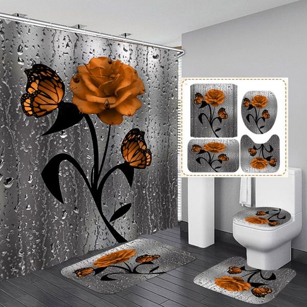 

shower curtains orange rose flower pattern bathroom non-slip rug toilet lid cover mat curtain set bath mats rugs home decoration