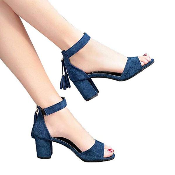 

women sandals summer chic tassel backer zipper elegant high heel comfortale parties chunky female, Black