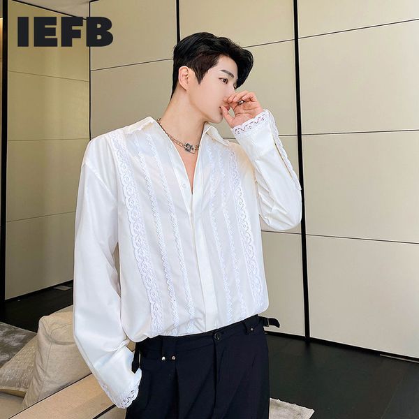 

iefb spring summer korean trend white lace long sleeve shirts lapel casual vintage lapel clothing for male 9y7548 210524, White;black