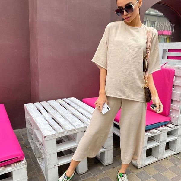 

women's two piece pants fashion khaki set summer casual short sleeve shirt and loose beach bottom suit outfits, White