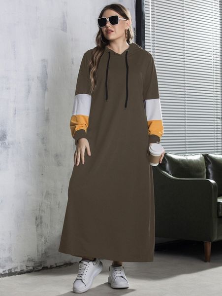 

plus colorblock striped drawstring hooded sweatshirt dress f1jy#, Black